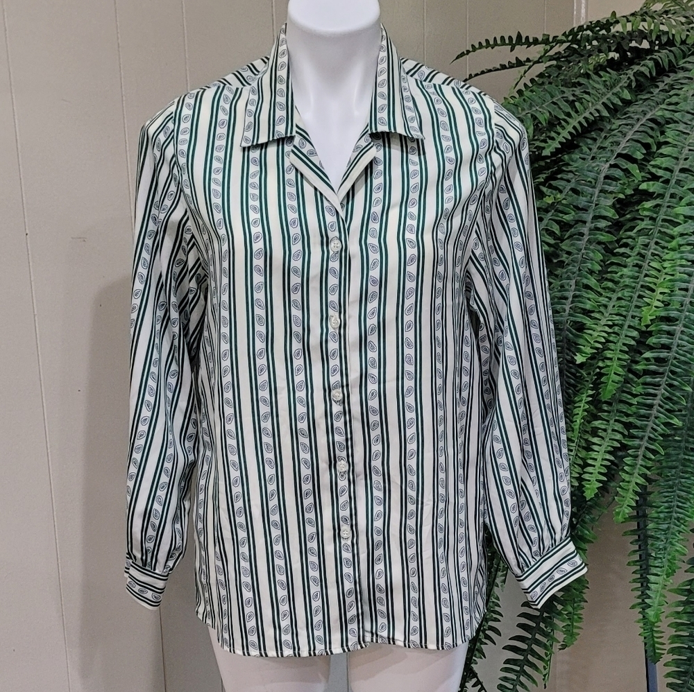 Vtg Leslie Fay Haberdashery Green Striped Paisley Print Long Sleeve Blouse Sz 12